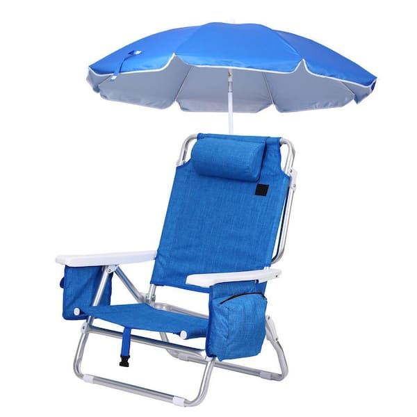 Blue 7-Position Reclining Backpack Beach Chair w/ Cupholder