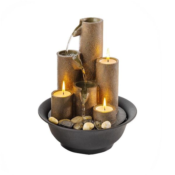 Alpine Corporation 11 in. Tall Indoor Tiered Column Tabletop Fountain with 3 Candles