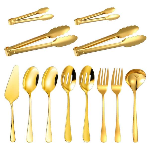 8 Dessert Sets Stainless Steel 12-Piece Gold Serving Utensils Set with Spoons, Forks, Tongs, Ladle, and Pie Server Kit