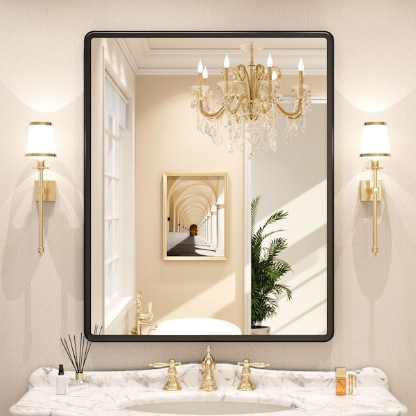 30 in. W x 36 in. H Rectangle Aluminum Alloy Framed Modern Black Wall Mirror