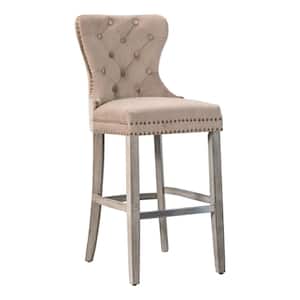 Harper 29 in. High Back Nail Head Trim Button Tufted Taupe Velvet Counter Stool with Solid Wood Frame in Antique Gray