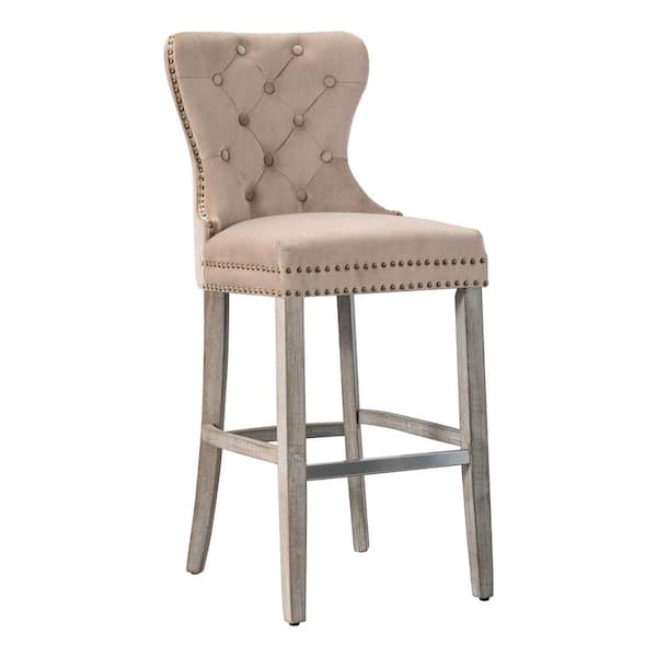 WESTINFURNITURE Harper 29 in. High Back Nail Head Trim Button Tufted Taupe Velvet Counter Stool with Solid Wood Frame in Antique Gray