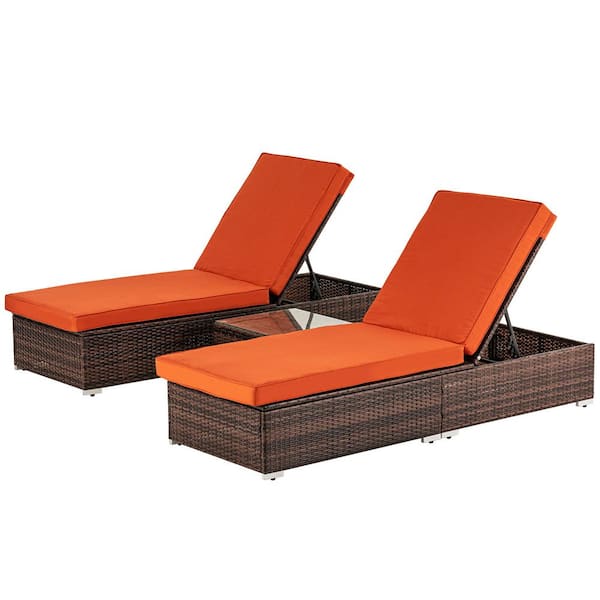 PATIOGUARDER 3-Pieces Wicker Outdoor Chaise Lounger Double with Orange Cushions and End Table