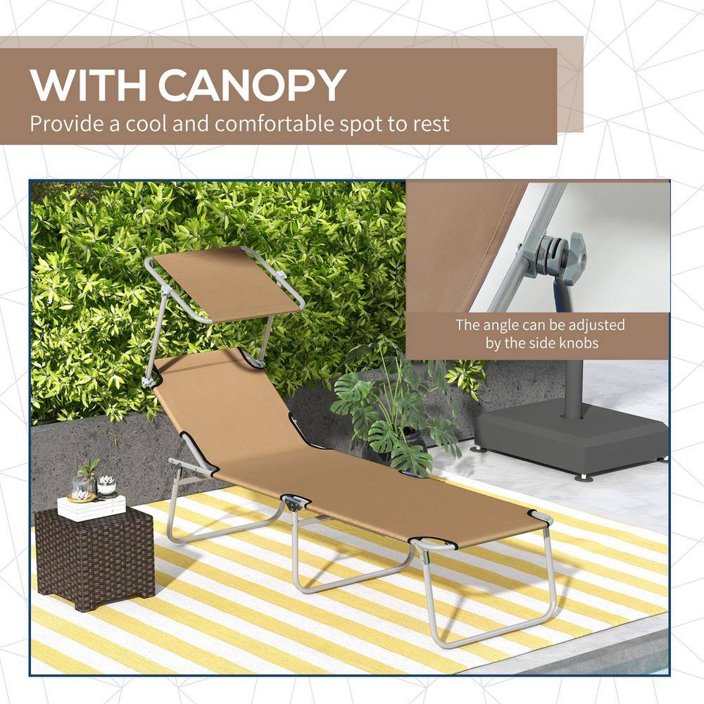 Tan Adjustable Folding Steel Outdoor Chaise Lounge with Sun Shade