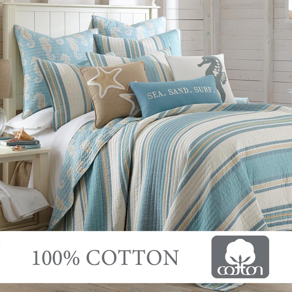 Blue and Taupe Cotton Twin Reversible Quilt Set