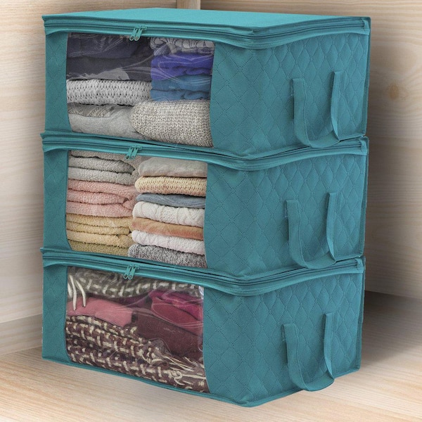 Foldable Storage Bag Organizers with Clear Window and Handles, Blue 19 in. x 7.5 in. Fabric Decorative Box (Set of 3)