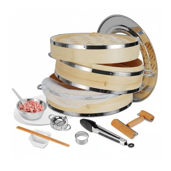 Stovetop Steamers 11-Piece 10 in. Bamboo Steamer with Stainless Handles – Oil-Free Cooking for Dumplings, Veggies, Fish