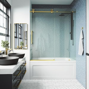 Elan Cass Aerodynamic 56 to 60 in. W x 66 in. H Sliding Frameless Tub Door in Matte Gold with 3/8 in. Clear Glass