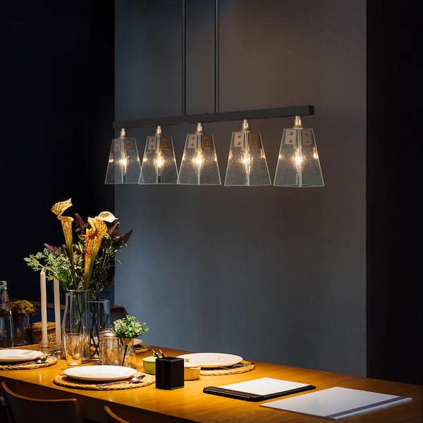 Modern Farmhouse Gold Chandelier, 34 in. 5-Light Black Kitchen Island Chandelier With Seeded Glass for Dining Room