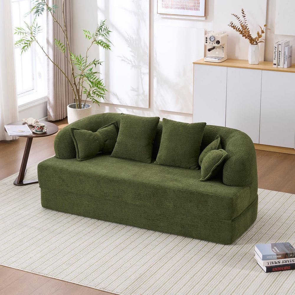 Keaton Modern 69.88 in. Green Chenille Upholstery Round Arm 2-in-1 Foldable Sofa Bed with Pillows
