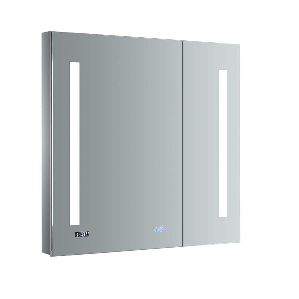 Modern 30'' Square Frameless Mirrored LED Medicine Cabinet with Clock