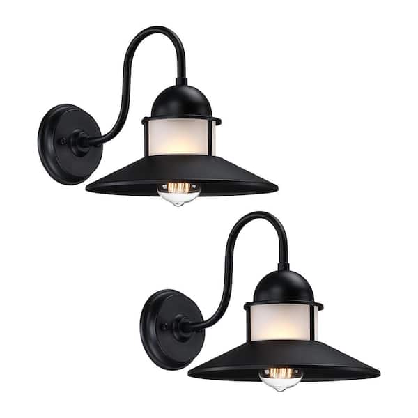 10 in. 1-Light Matte Black Gooseneck Outdoor Wall Lantern Sconces with Clear Frosted Glass, No Bulbs Included (2-Pack)
