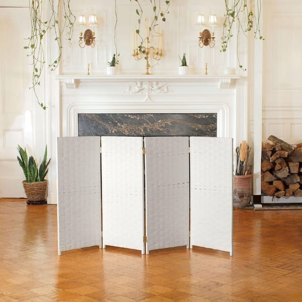 Oriental Furniture 3 ft. Short Woven Fiber Folding Screen - 4 Panel - White