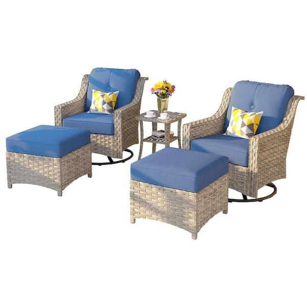 Eureka Grey 5-Piece Modern Wicker Outdoor Patio Conversation Swivel Rocking Chair Seating Set with Blue Cushions