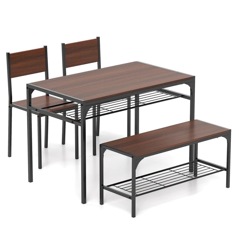 Industrial Style Rectangular Dining Table Set with Bench and Chairs, Walnut Finish