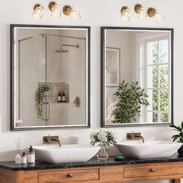 2-Pack 36 in. W x 30 in. H Framed Brushed Nickel Wall-Mounted Beveled Frame Bathroom Vanity Mirror, Brushed Black