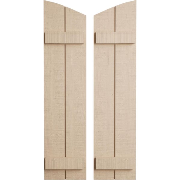 Ekena Millwork 11 in x 84 in Polyurethane Rough Cedar Two Board Joined Board-n-Batten Elliptical Top Shutters Primed Tan