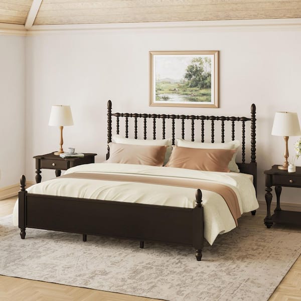 Ailio Brown Solid Wood Frame King Platform Bed Frame with Spindle Design Headboard, Footboard, and Wooden Slat Support