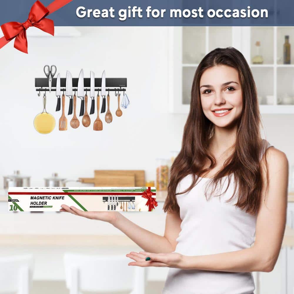 8-Knife 17 in. Stainless Steel Magnetic Knife Holder with 10 Hooks, Black Knife Magnetic Strip Magnetic Knife Bar - Thumbnail 2