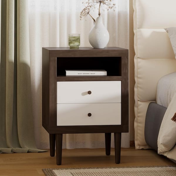 Noble House Fairhall 2-Drawer Walnut and White Nightstand