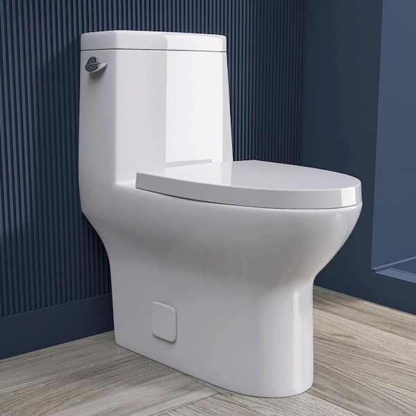 Top 1-Piece Toilet 1.28 GPF Single Flush Compact Elongated Toilet in Glossy White Soft Close Seat Included