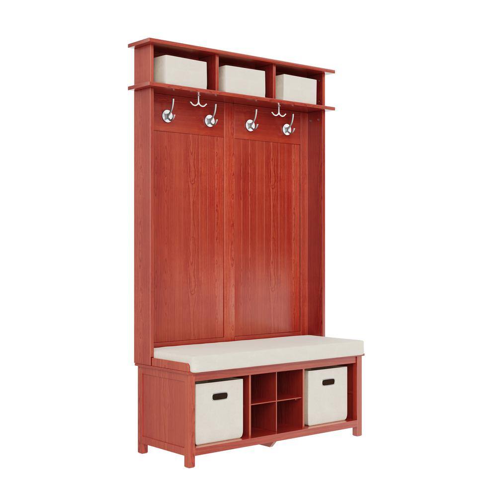 48 in W x 76.75 H Red Mahogany Solid Wood 3-in-1 Hall Tree 4 Pair Shoe Storage Bench, 5 Bins, and 6 Hooks