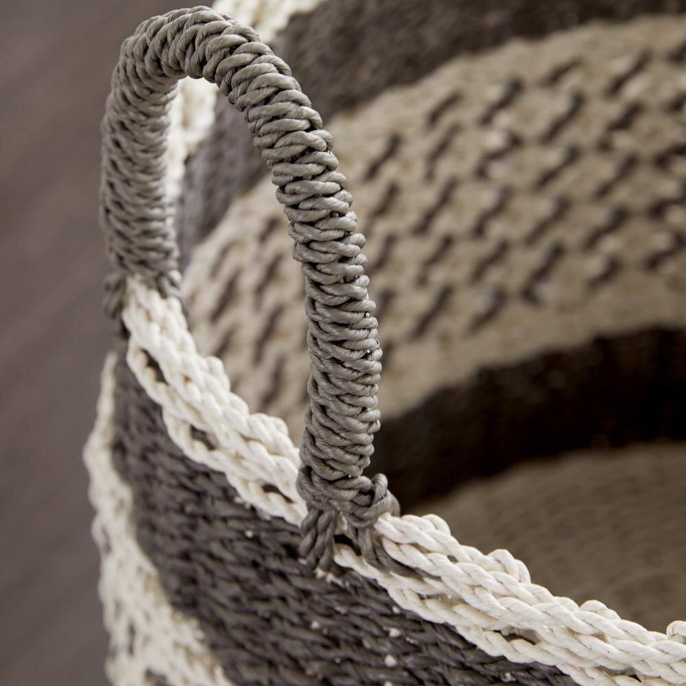 Gray and Beige Round Woven Plastic Storage Baskets, Set of 3
