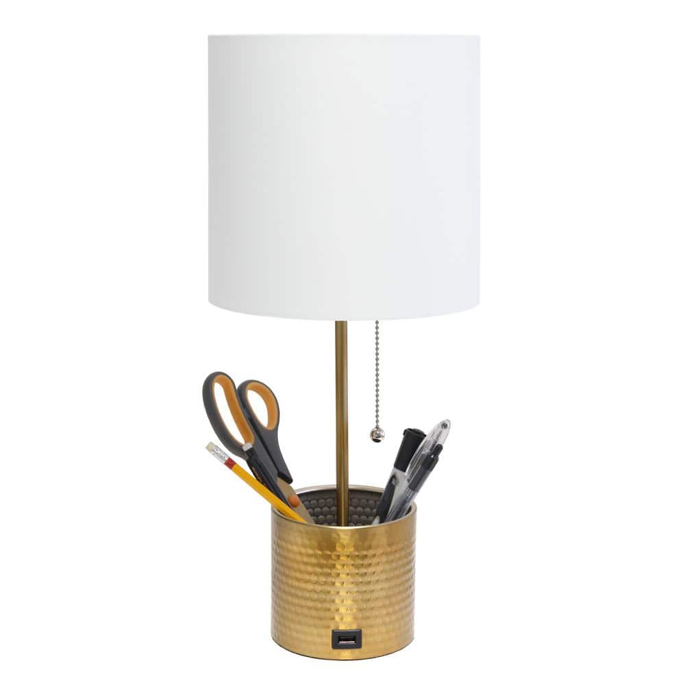 Gold Hammered Metal Nightstand Lamp with White Fabric Shade and USB Port