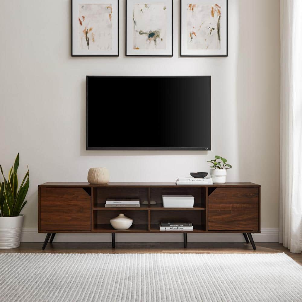 70" Dark Walnut Wood TV Stand with Cabinet and Shelves