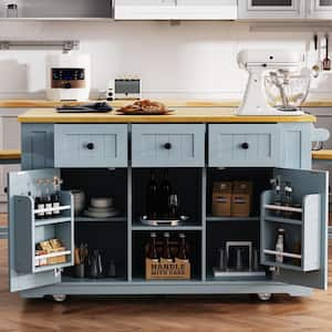 Gray Blue Wood 53.1 in. W Rolling Kitchen Island Cart with Drop Leaf, 3-Drawers and Side Open Shelves