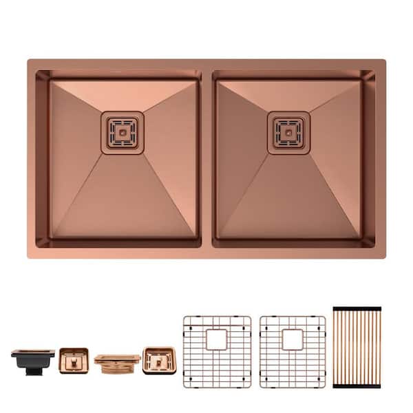 32 in. Undermount Double Bowl 16-Gauge Copper Stainless Steel Kitchen Sink