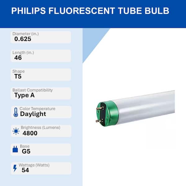 54-Watt 46 in. Linear T5 High Output Fluorescent Tube Light Bulb Natural Daylight (5000K) (1-Pack)