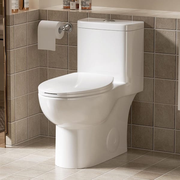 Powerful 1.1/1.6 GPF Dual-Flush Elongated 1-Piece Toilet in Gloss White with Comfortable Seat Height Seat Included