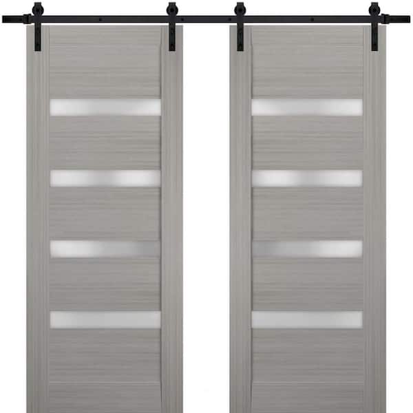 Sartodoors 42 in. x 80 in. 2 Panel Frosted Glass Gray Ash Solid MDF Sliding Barn Door with Hardware Kit