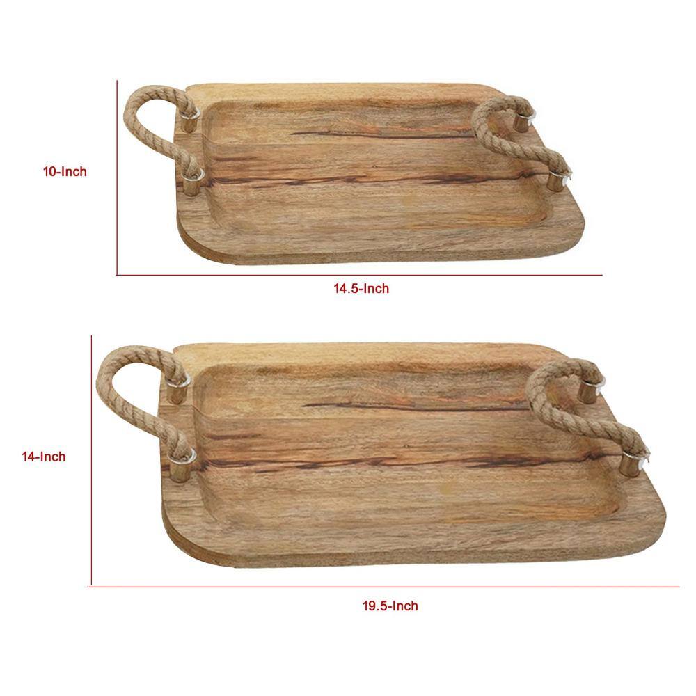 Rustic Brown Mango Wood Trays with Twisted Jute Handles, Set of 2