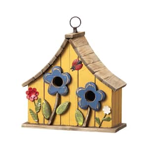 10.5 in. H Washed Yellow Distressed Solid Wood 2-Story Townhouse Garden Birdhouse with 3D Flowers