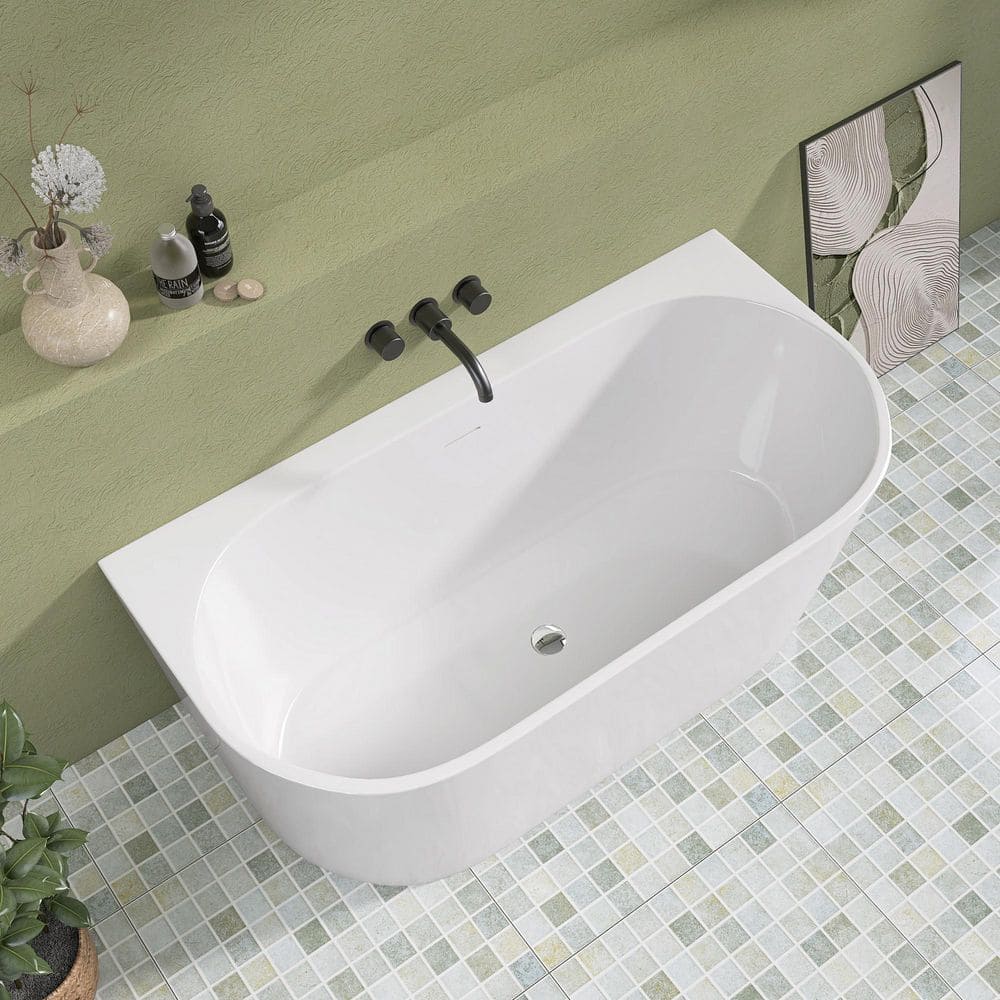 59 in. x 29.53 in. Freestanding Soaking Tub Back-to-Wall Flatbottom Walkin Bathtub Center Chrome Drain in White price history on PriceWatchPro