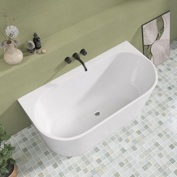 59 in. x 29.53 in. Freestanding Soaking Tub Back-to-Wall Flatbottom Walkin Bathtub Center Chrome Drain in White