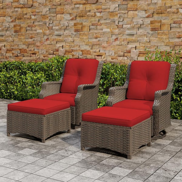 4-Piece Wicker Patio Lounge Chair Set with Swivel Rockers, Ottomans, and Red Cushions Chat Set