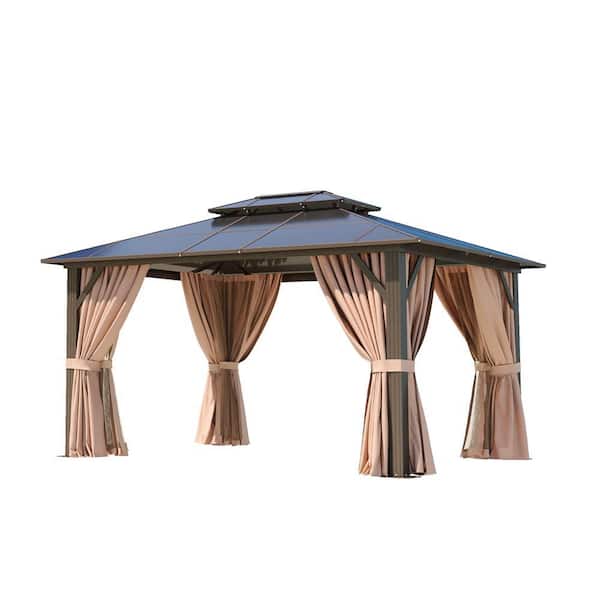 12 ft. W x 10 ft. D Outdoor Polycarbonate Double Roof Aluminum Frame Hardtop Gazebo with Netting and Curtains for Garden