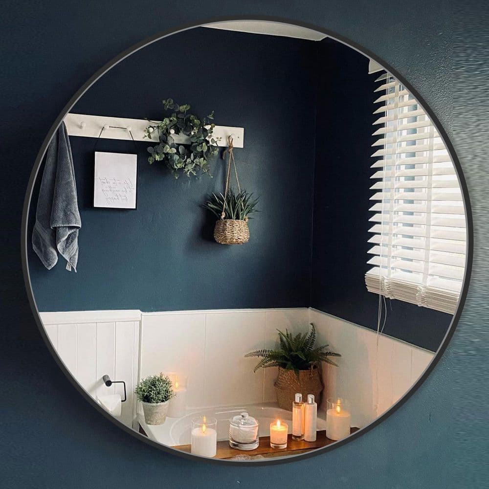 LuxHomez 24 in. W x 24 in. H Black Vanity Round Wall Mirror Aluminum Alloy Frame Bathroom Mirror LLOM-60-BK