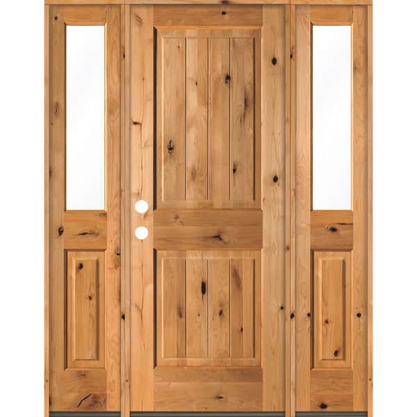Krosswood Doors 58 in. x 80 in. Rustic Knotty Alder Square clear stain Wood V-Groove Right Hand Single Prehung Front Door/Half Sidelites
