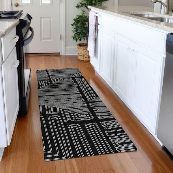 Mayfield Premium Machine Washable Abstract AMF1045 Black 2 ft. 3 in. x 7 ft. 6 in. Runner Rug