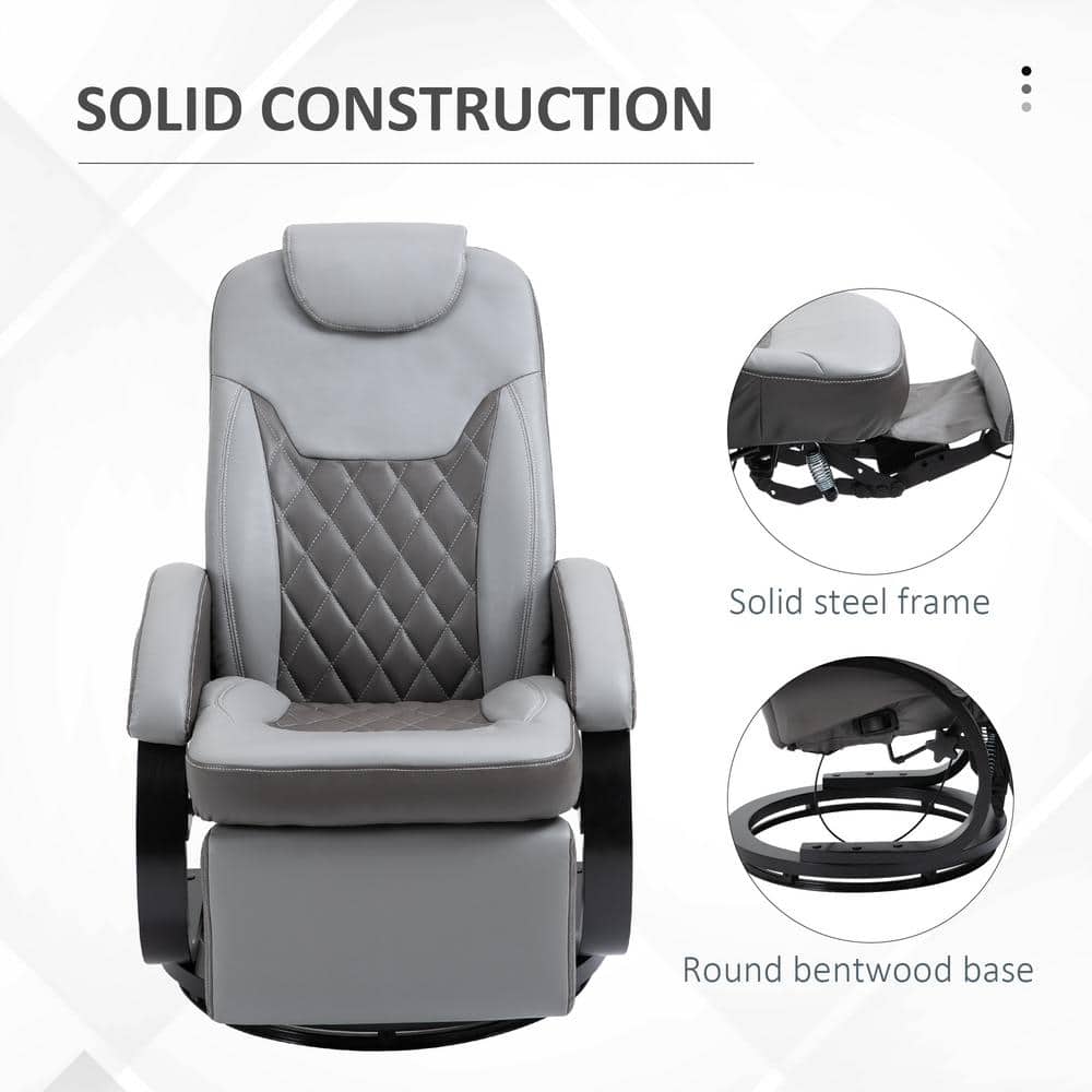 Gray Faux Leather Swivel Recliner with Footrest and Metal Base