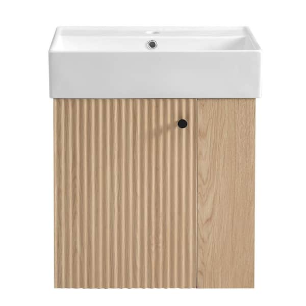 21.6 in Natural Wood Finish Modern Floating Bathroom Vanity with Ceramic Basin and Right Side Storage