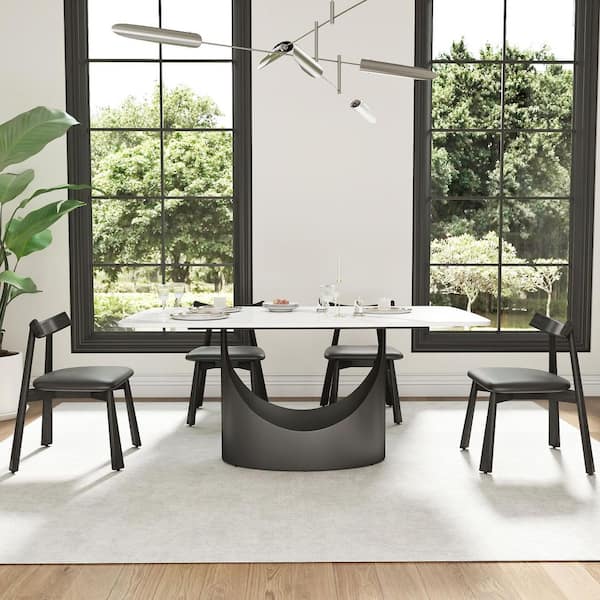 Black Microfiber Leather Dining Chair (Set of 6), Upholstered Side Chairs with Metal Legs for Dining Room