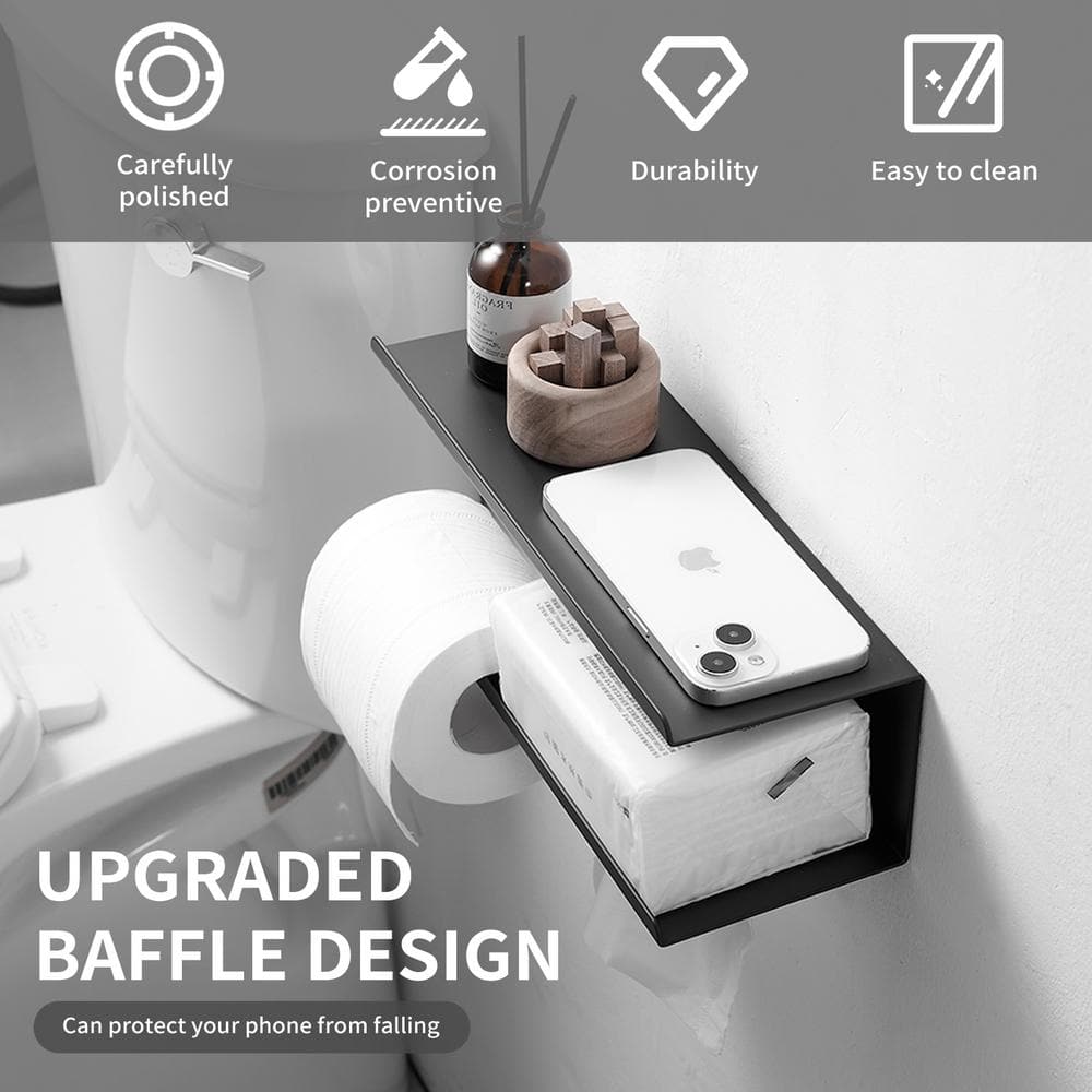 Matte Black Stainless Steel Wall Mounted Toilet Paper Holder with Shelf