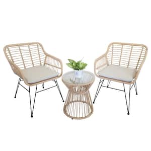 3-Piece Wicker Outdoor Bistro Patio Set with Round Glass Table and Beige Cushion