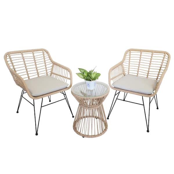 Tidoin 3-Piece Wicker Outdoor Bistro Patio Set with Round Glass Table and Beige Cushion