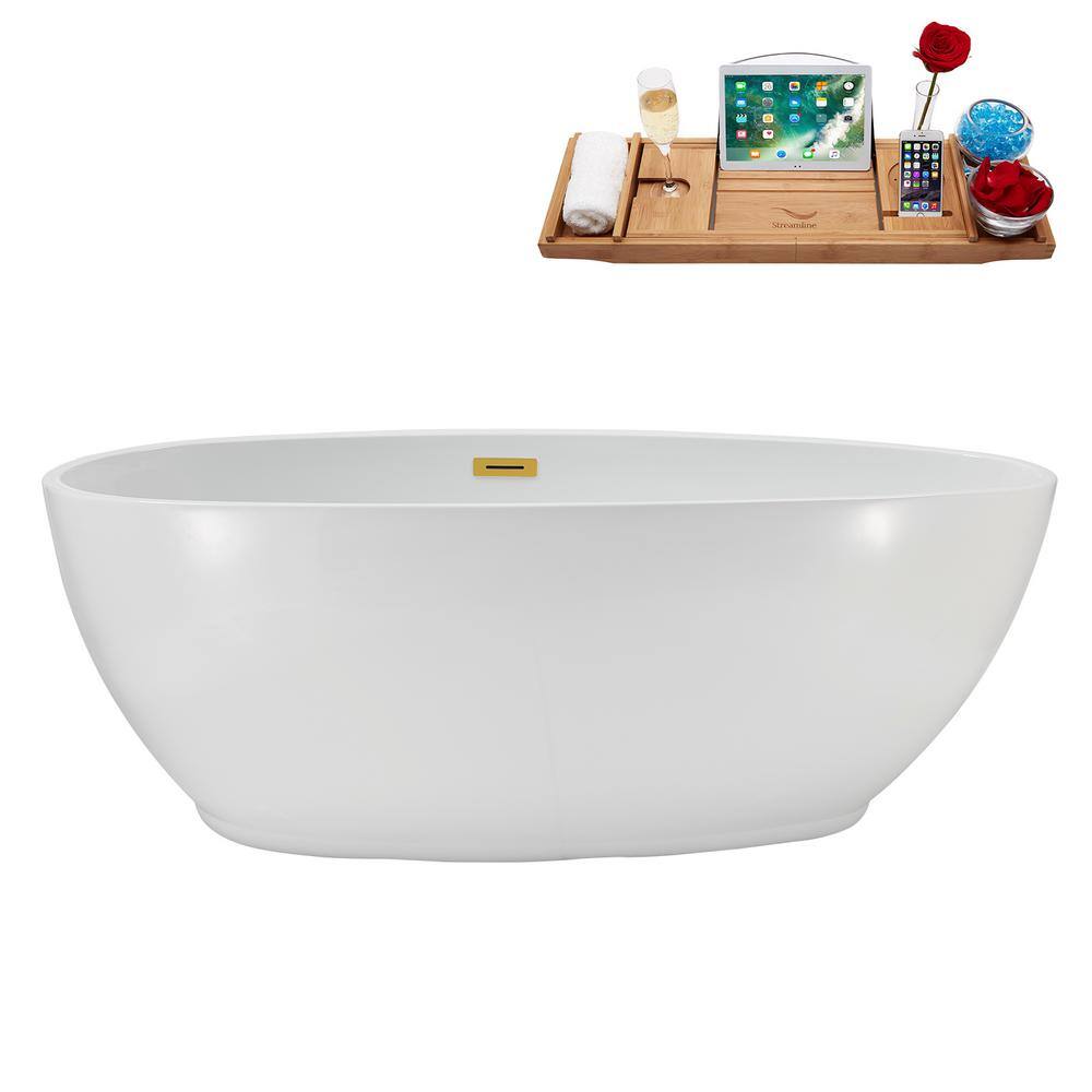 67" Glossy White Acrylic Freestanding Soaking Bathtub with Polished Gold Trim